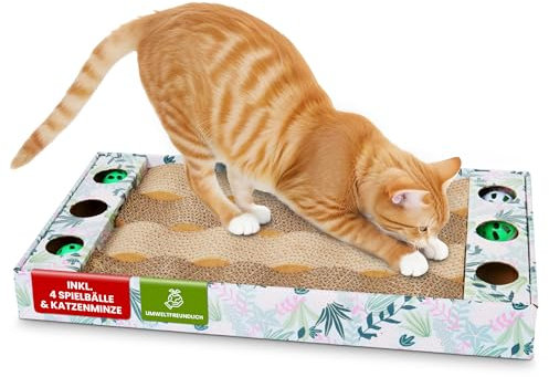 kogu ® Katzen Kratzbrett mit 4 Bällen und Katzenminze inklusive, ergonomisch geformt mit Umrandung für sauberes Spielen und kratzen von Katzen zum Schutz der Wohnung, ideale Maße 45x25x5cm