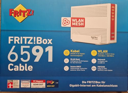 AVM Fritz!Box 6591 Cable WLAN AC + N Router (DOCSIS-3.1-Kabelmodem, Dual-WLAN Ac+N (MU-MIMO) mit 1733 (5 GHz) + 800 Mbit/S (2,4 GHz), VoIP-Telefonanlage)