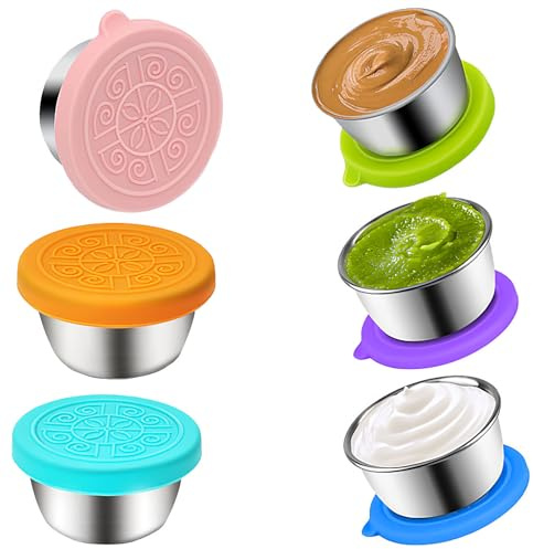 QUEXLAI Set of 6 Salad Dressing Containers, 50 ml Sauce Container, Small Stainless Steel Spice Container, Dip Bowl Set, Food Container in the Shape of Mini Tin with Lid for Snack, Dips, Salad and