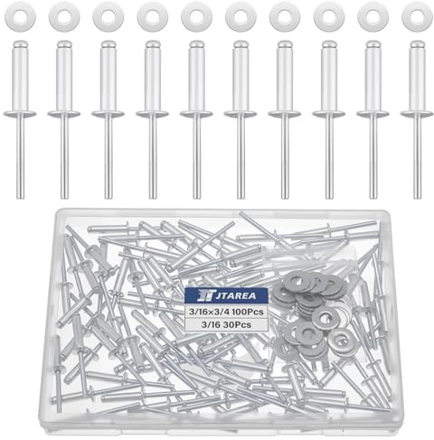 JTAREA 130 stycken, 4,8 × 20 mm, aluminiumblindnitar med öppna tåbrickor, popnitar, stort huvud (silver)