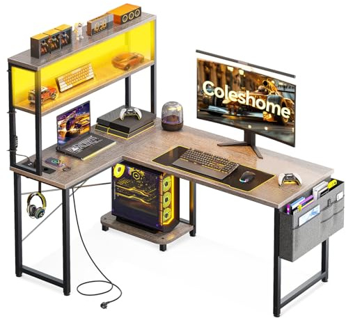 Coleshome L-format Gamingbord med LED och Kontakter, Reversibelt Gamingbord med Hyllor, Hörnskrivbord med Förvaringsficka och Krokar för Spelare (Grå ek, 110x80cm)