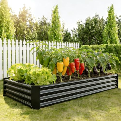 VERFARM Metal Galvanized Raised Garden Bed Kit, 6 x 3 x 1 ft Galvanized Steel Raised Garden Planter Box Outdoor with Open Base for Growing Vegetables/Flowers/Herbs/Fruits/Succulents, Black