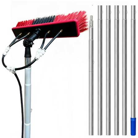 Teleskop Waschbürste mit Wasserdurchlauf, Schrubberbürste mit Verlängerung Ausziehbare Reinigungsbürste für Außenwände Autos & Fenster +Reinigung von Photovoltaikanlagen,10M/35cm Brush Head