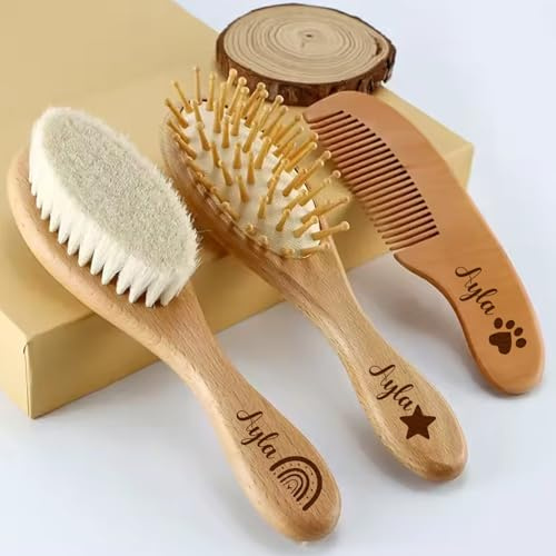 3-teiliges Baby-Haarbürsten- Und Kamm-Set For Neugeborene Und Kleinkinder, Personalisierte Babybürste Aus Holz, Baby-Wollkamm Mit Individuellem Namen, Haarbürste For Kleinkinder