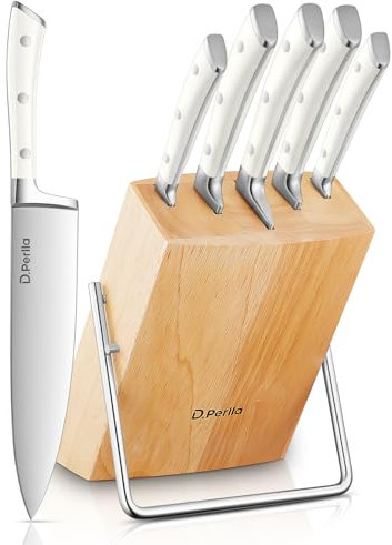 D.Perlla 6 Pieces Kitchen Knife Set Knife Block Set with High Carbon German Stainless Steel, Sharp Knife Set with Stylish Wooden Block, White