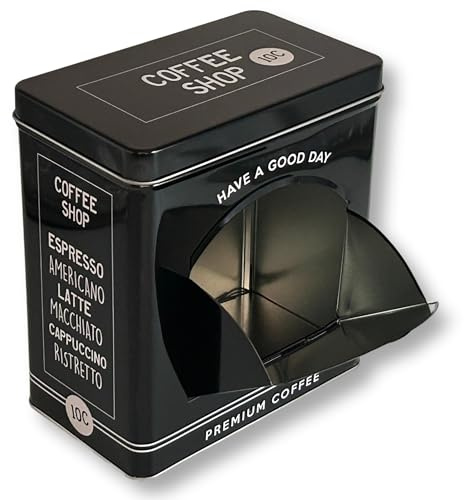 MediMuc Vorratsdose Kaffeedose Teedose eckig, schwarz mit weißer Schrift | Mit Schublade, Lackiert, 17,5 × 16,1 × 9,6 cm, Volumen ca. 2,5L