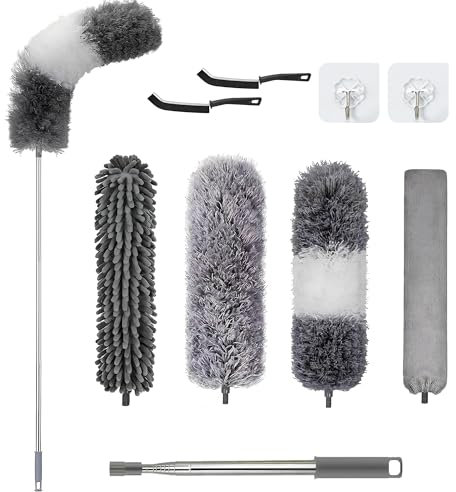 Feather Duster,Extendable Bendable Washable Cobweb Brush with Extension Pole Up to 100'', Long Feather Duster for Cleaning Ceiling Fan,High Ceiling,Furniture (9PCS SET)