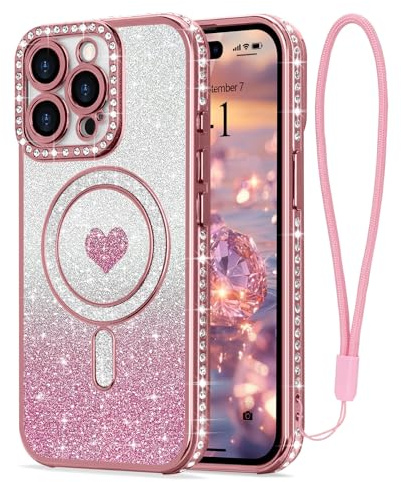 LAPOPNUT Magnetic Glitter Case for iPhone 14 Pro Max with Wrist Strap,Pink | Compatible with MagSafe, Sparkly Phone Cover for Girls Women, Sparkle Rhinestone Rasied Camera Protection,Bling Glittery Cute