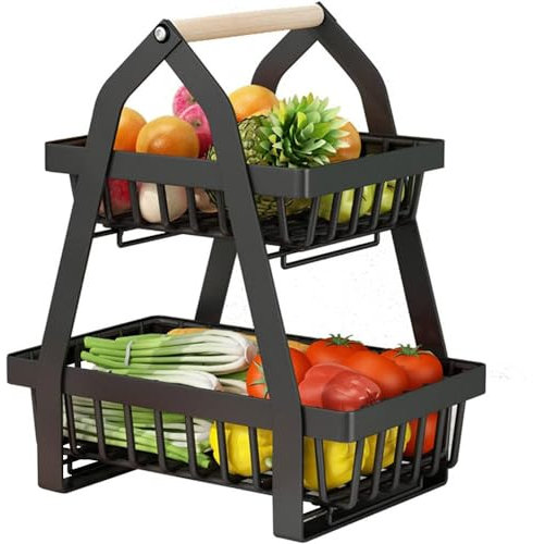 Frutero de mesa de 2 niveles, cesta de frutas desmontable, estante de almacenamiento de verduras, cuencos de frutas escalonados