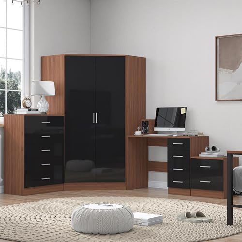 Reflect 2 Door Corner Wardrobe, 5 Drawer Tallboy Chest, 2 Drawer Bedside Table & Desk/Dressing Table | Black Gloss & Walnut Finish | Modern Bedroom Furniture Set