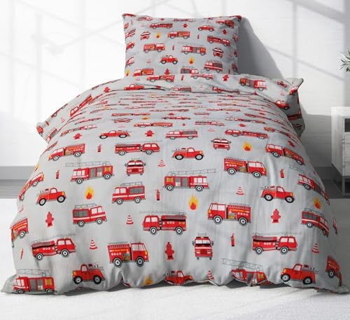 2 teilige Bettwäsche 135x200cm + 80x80cm Feuerwehr (EW-Feuerwehr-135x200) | 100% Baumwolle, Renforcé - Grau Rot - Kinderbettwäsche, Kinder, Autos, Fahrzeuge, Reißverschluss