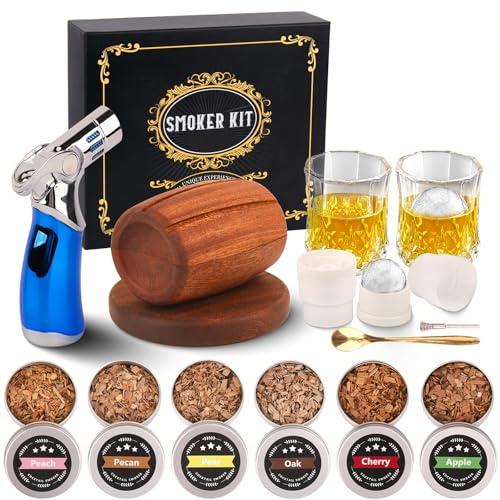 Cocktail-Räucherset mit Fackel, mit 6 Geschmacksrichtungen, Holzchips, 2 Eiskugelformen, 2 Gläsern – Whiskey-Räucher-Set, altmodisches Räucher-Set, für Männer, Geburtstagsgeschenke (kein Butan)