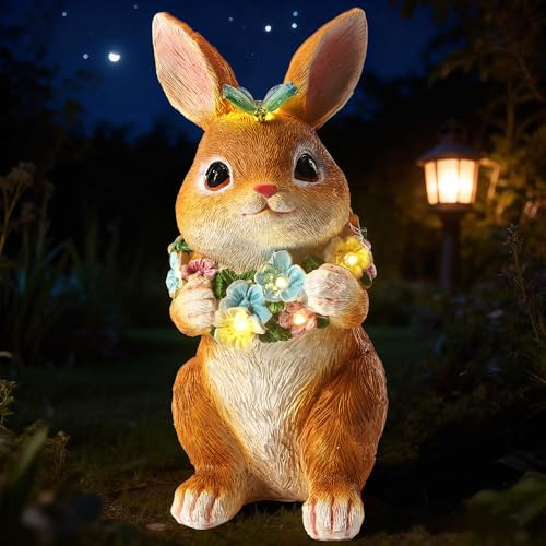 ZhiYo-GD Statues solaires de jardin - Statue de lapin avec papillon et fleurs - Décoration de cour avec 6 lumières LED pour terrasse, balcon, arrière-cour et pelouse, cadeau de Noël unique pour maman