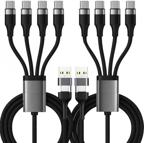 Cable Chargeur Multi USB C Embout 2PCS, 1.2M Nylon Tressé Multi Chargeur Cable de Chargement avec 4 Ports Type-C Charge Rapide PD 40W & QC 3,1A pour Samsung S24, Xiaomi, iPhone 15/16, iPad, Tablette