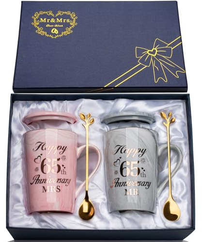 YIKILYLIFE 65th Wedding Anniversary GIF-ts, 2PCS Happy 65th Anniversar-y Gifts Mr and Mrs Gifts 65 Years Anniversar-y Gift for Couples Parents, Marble Ceramic Cups 14oz with Spoon, Giftbox