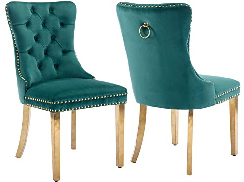 Shenyon Grüne Samt-Esszimmerstühle 2er Set, Goldfarbene Edelstahlbeine | Mid Century Modern Stil; Rückenlehne mit Knopfheftung; Ziernägel; dekorativer Ringgriff; bequeme Polsterung; einfache Montage