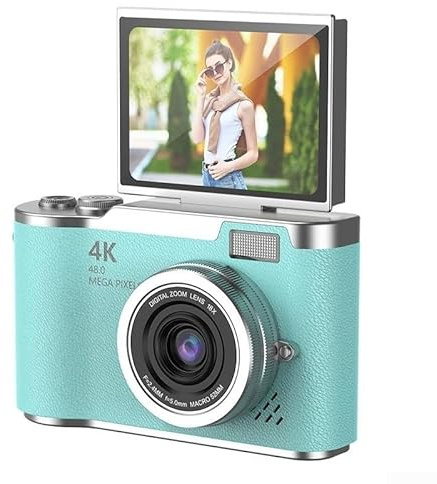 Fotocamera digitale 4K CCD, per studenti Fotocamera fotografica digitale compatta da 48 MP, schermo display ribaltabile ad alta definizione da 2,4 pollici per principianti (Verde 32G)