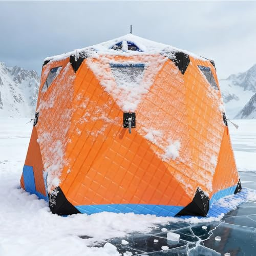 Isolerat isfisketält, 6-sidigt fiskeskydd (260x260x170cm) för 6-10 personer, uppfällbart isfiskeskjul, vindtät vinterhydda snöhubb med bärväska Orange