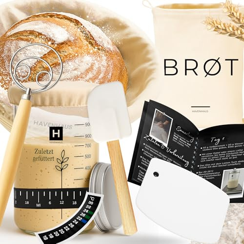 HAVENHAUS Brotbackset Gärkörbchen rund | Sauerteig Starter Set mit umfassendem Brot backen Zubehör | inklusive Rattan Gärkorb Brot 25cm, Sauerteig Zubehör und Dänischer Schneebesen | Brotbackzubehör