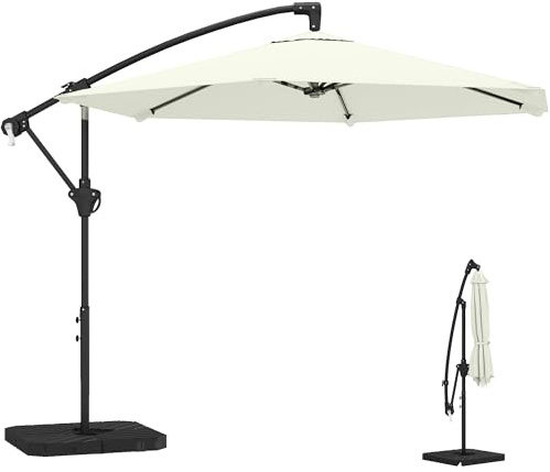 Outsunny Parasol déporté 3 m avec pied en croix et dalles lestage, parasol de jardin extérieur avec manivelle et loquet de verrouillage, toile polyester 180 g/m², protection UV 30+, crème