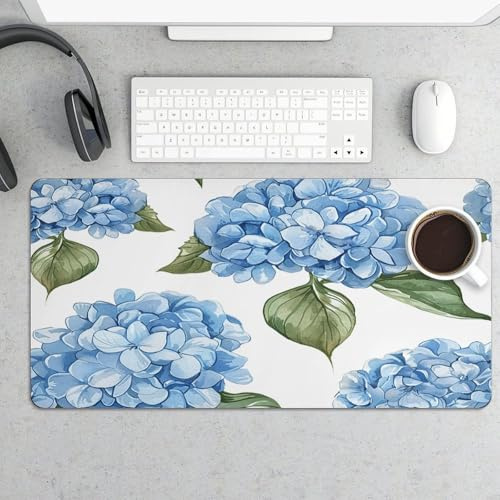 Waterproof Desk Mat 24x12 in Oversized Blue Hydrangea Pattern Desk Pad with Non-Slip Rubber Base Smooth Surface Gaming Mousepad for Mouse & Keyboard Portable Foldable for Home Office Desktop Decor