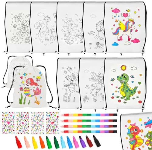 AUNGCSHE 16 Stück Tiere Stoffbeutel zum Bemalen, 8 DIY Stoffbeutel Zum Bemalen, 4 stapelbaren Wachsmalstiften, 4 selbstklebende Glitzersteine, Mitgebsel für Party, Geschenk