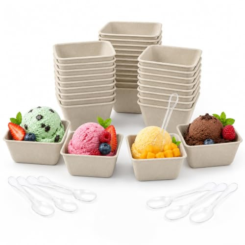 HYZYWON Vasos de Helado, 25/50 Vasitos para Helados con Cucharas, Tarrinas para Helados Desechables de Papel para Helado, Cuencos para Postres, Yogur, Fruta y Fiesta (50, B)