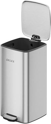 Delex Pedal Bin 30L (8 Gallon), Stainless Steel Kitchen Bin with Soft Close Lid & Stay Open, Removable Inner Bucket