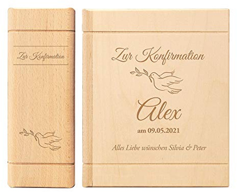 Casa Vivente Spardose in Bibel Buch Optik aus Holz mit Gravur zur Konfirmation, Personalisiert mit Namen und Datum, Motiv Taube, Sparbüchse aus Birkenholz als Geschenkidee, Konfirmationsgeschenk