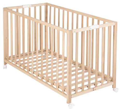 roba Lit Bébé Pliant en Hêtre Fold Up 60x120 cm - avec Roulettes à Freins - Naturel