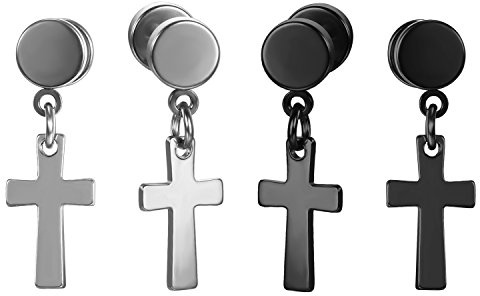 Flongo Herren Kreuz Ohrringe Edelstahl fake tunnel Stecker mit hängend Kreuz Kruzifix cross Baumeln Ohrschmuck lang Kette Ohrhänger für Damen Männer piercing Anhänger schwarz silber gold blau bunt