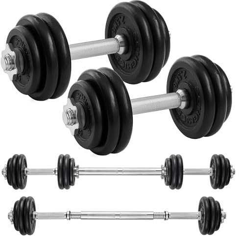 SONGMICS 2-in-1-Hanteln, 2 x 15 kg Hantelset aus Gusseisen, verstellbar, Kurzhantelset mit Verbindungsrohr, Workout, Gewichtheben für Zuhause, Fitnessstudio, tintenschwarz SYL30LBK