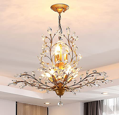 Ganeed Candelabros de cristal Iluminación colgante vintage Lámpara de araña de cristal Lámpara de techo para sala de estar Dormitorio Restaurante Porche Pasillo Oro 8 luces