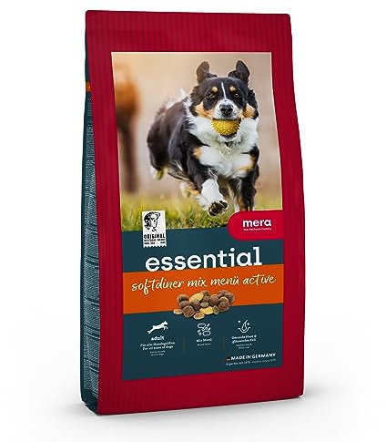MERA Essential Softdiner, Hundefutter trocken für sportliche Hunde, Trockenfutter mit Geflügel, gesundes Hunde Futter mit Omega-3 und Omega-6 für Haut und Fell, Mix Menü (12,5 kg)
