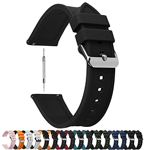 Fullmosa 8 Farben Uhrenarmband 20mm Silikon Ersatzarmband mit Edelstahlschnalle, silikon armband 20mm Schwarz + Silberne Schnalle
