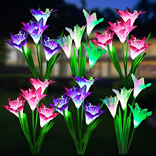 WdtPro Solar Lights Outdoor Garden Decorative 6 Pack, Waterproof Solar Garden Lights with 24 Lily Flowers, Color Changing LED Solar Powered Landscape Lights for Outside Yard Patio Decor,Gifts