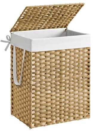 SONGMICS Wäschekorb, Wäschesammler 90 L, Wäschebox aus synthetischem Rattan, mit Deckel und Griffen, geflochten, faltbar, herausnehmbarer Wäschesack, pastellgelb LCB51NL