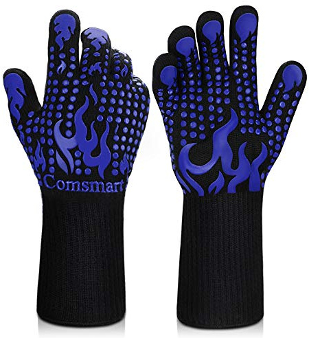 BBQ Handschuhe, 800 Grad Celsius Hitzebeständige Grillhandschuhe Silikon rutschfeste Ofenhandschuhe Lange Küchenhandschuhe zum Grillen, Kochen, Backen, Schweißen, Schneiden (M, Blau)