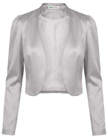 Bolerose Satin Bolero Jacke Damen Langarm Puffärmel Blazer | Gekräuselte Schulterpartie, Komplett gefüttert, Offene Front, Glänzend, Zum Überziehen, Größen XS-5XL