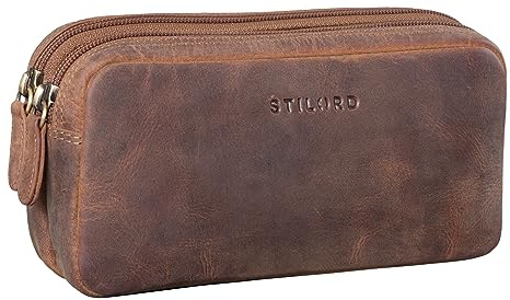 STILORD Eddie Étui à Crayons en Cuir Trousse Scolaire ou Bureau Trousse de Maquillage Grande Pochette Plumier Vintage Couleur:Marron Moyen
