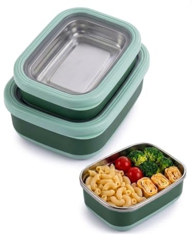 Lille Home Contenedores de comida de acero inoxidable de primera calidad con exterior antideslizante, juego de 3, 470 ml, 900 ml, 1.4 L, a prueba de fugas, sin BPA, control de porciones | Juego de cajas de 470 ml, 900 ml y 1,4 L. Diseño antifugas, libre de BPA y con un exterior antideslizante seguro