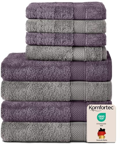 Komfortec Lot de 8 Serviettes 100% Coton 470 g/m², 4 Serviette de Bain 70x140 cm et 4 Essuie-Mains 50x100 cm, éponge Douce, Grande Taille, Gris Anthracite/Violett