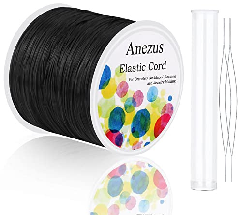 Stretchy String for Bracelets, Anezus Elastic String Jewelry Bead Cord with 2pcs Large Eye Beading Needles for Seed Beads, Pony Beads, Clay Beads, Bracelets, Necklace and Jewelry Making, Black