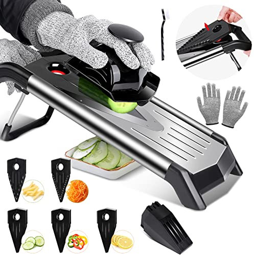 Almcmy Mandoline Slicer for Kitchen, 5-in-1 Adjustable Mandoline Food Slicer with Blade Storage Box & Cut-Resistant Gloves, Stainless Steel Vegetable Slicer Mandolin Slicer for Potato Onion Cheese