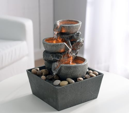 Haobos Decorative Indoor Fountain 3-Bowl Rockery Soothing Sound Tabletop Fountains Home/Office Decor with Led Light/Some Cobblestones(1556A)