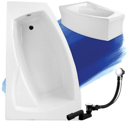 BADLAND Badewanne Original Weiß Acryl Wanne Eckbadewanne FRIDA 160x105 Links KOMPLETTSET SET mit Weiß Acrylschürze + Füßen und Exklusive Chrom Automatik Ablaufgarnitur Made in EU 4in1