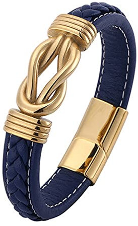 KnSam Personalisierte Geschenke - Herrenarmband Leder, PU Leder Bettelarmband Gewebt Armband Charms Edelstahl Armschmuck Gold mit Magnet Verschluss, Länge 20.5CM