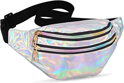 Gürteltasche wasserdichte Verstellbare Hüfttasche 2 Fächer Bauchtasche für Mädchen Frauen Männer Kinder Glitzer Mode Schultertaschen für Party Festival Sport Outdoor Reisen (Silber)