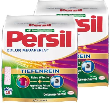 Persil Color Megaperls 32 WL (2 x 16 Waschladungen), Colorwaschmittel mit Tiefenrein Technologie, Waschmittel für reine Wäsche & hygienische Frische für die Maschine, 20 °C bis 60 °C