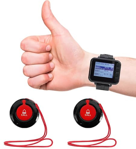 Call Button for Elderly at Home Wireless Caregiver Pager Watch Long Range Nurse Alert System Waterproof Emergency SOS Call Bell for Senior/Patient/Disabled with 2 Panic Button and 1 Wrist Receiver